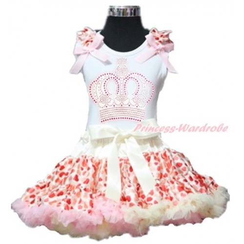 Valentine's Day White Tank Top with Cream White Heart Ruffles & Light Pink Bows with Sparkle Crystal Bling Rhinestone Crown Print With Cream White Heart Pettiskirt MG877 
