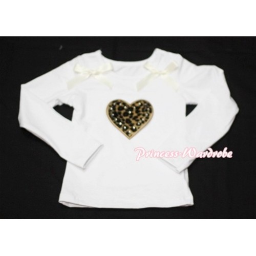 Leopard Sweet Heart White Long Sleeves Top with Cream White Ribbon TW101 