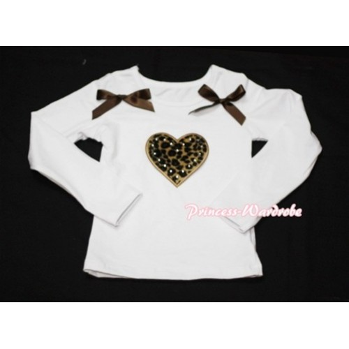 Leopard Sweet Heart White Long Sleeves Top with Brown Ribbon TW102 