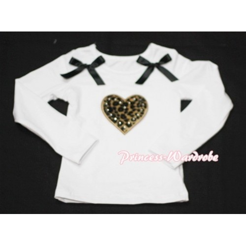 Leopard Sweet Heart White Long Sleeves Top with Black Ribbon TW103 