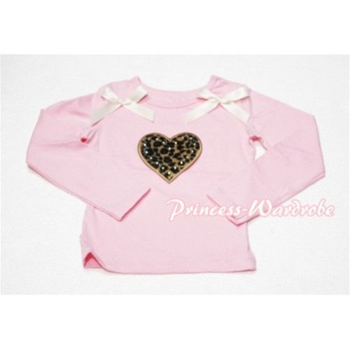 Leopard Sweet Heart Pink Long Sleeves Top with Cream White Ribbon TW106 