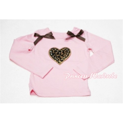 Leopard Sweet Heart Pink Long Sleeves Top with Brown Ribbon TW107 