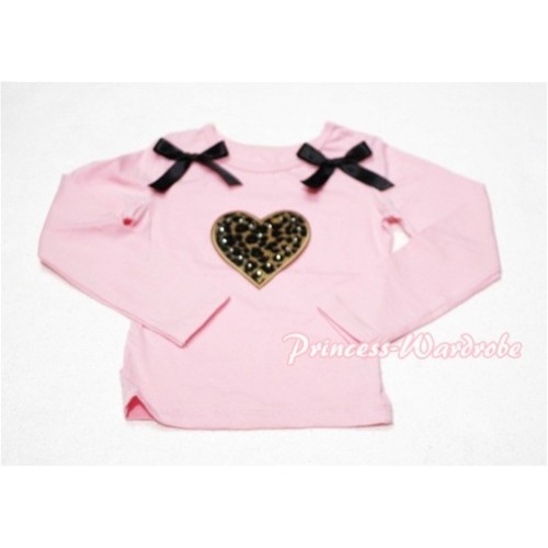 Leopard Sweet Heart Pink Long Sleeves Top with Black Ribbon TW108 
