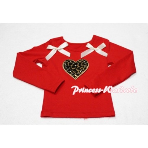 Leopard Sweet Heart Red Long Sleeves Top with Cream White Ribbon TW111 