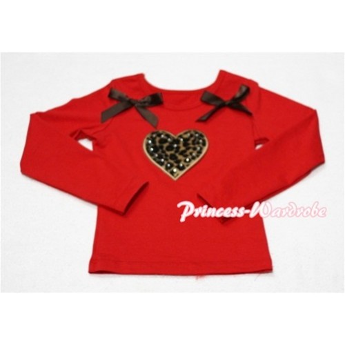 Leopard Sweet Heart Red Long Sleeves Top with Brown Ribbon TW112 