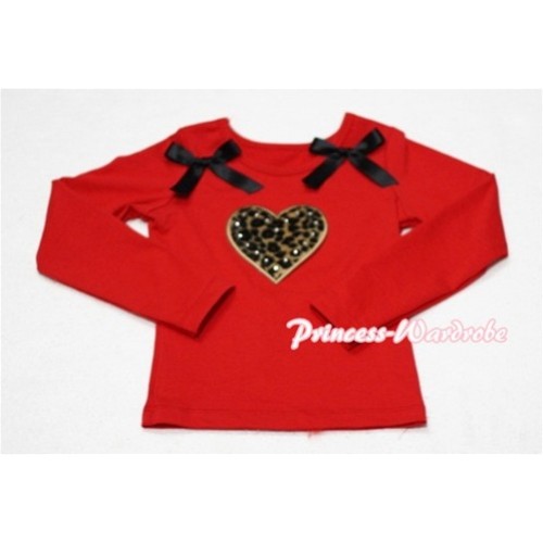 Leopard Sweet Heart Red Long Sleeves Top with Black Ribbon TW113 