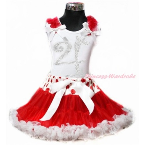 White Tank Top with Red Ruffles & White Bow with 4th Sparkle Crystal Bling Rhinestone Birthday Number Print & Red White Polka Dots Waist Red White Pettiskirt MG883 