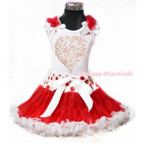 Valentine's Day White Tank Top with Red Ruffles & White Bow with Sparkle Crystal Bling Rhinestone Rainbow Heart Print & Red White Polka Dots Waist Red White Pettiskirt MG887 