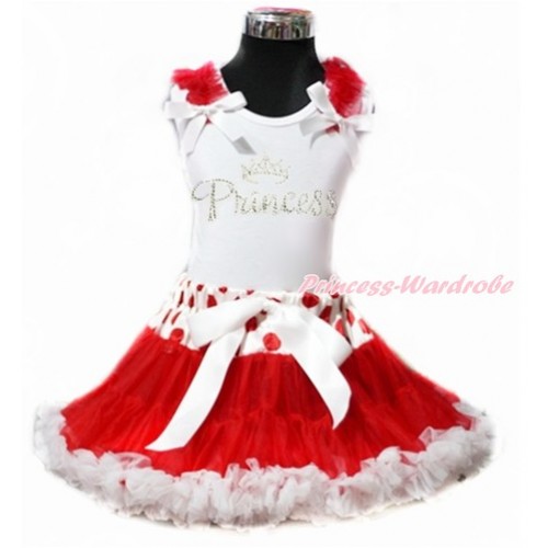 White Tank Top with Red Ruffles & White Bow with Sparkle Crystal Bling Rhinestone Princess Print & Red White Polka Dots Waist Red White Pettiskirt MG888 