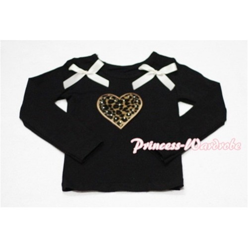 Leopard Sweet Heart Black Long Sleeves Top with Cream White Ribbon TW116 