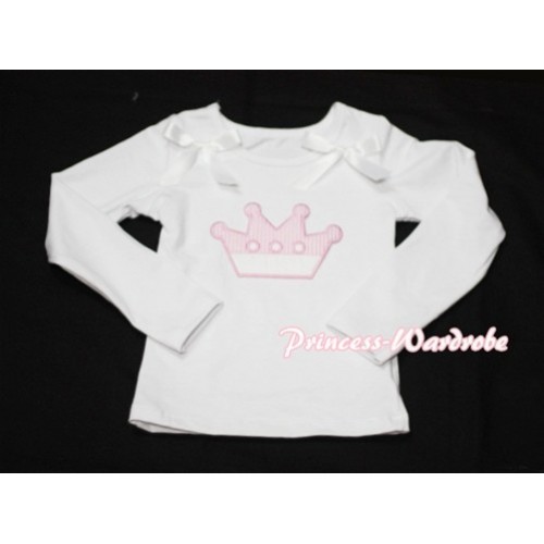 Cute Pink Crown White Long Sleeves Top with White Ribbon 