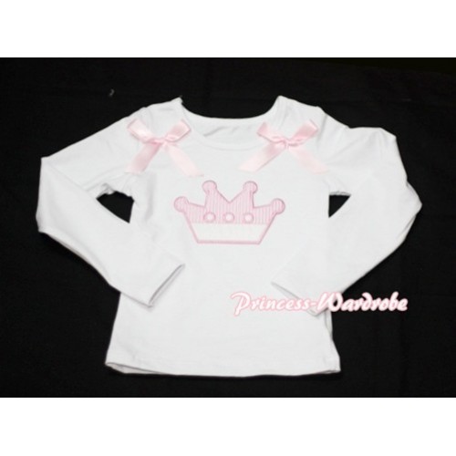 Cute Pink Crown White Long Sleeves Top with Light Pink Ribbon 