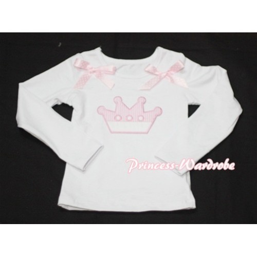 Cute Pink Crown White Long Sleeves Top with Light Pink Dot Ribbon TW123 