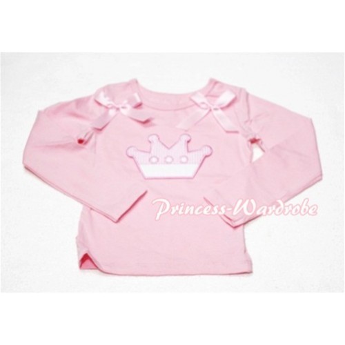 Cute Pink Crown Pink Long Sleeves Top with Light Pink Ribbon TW126 