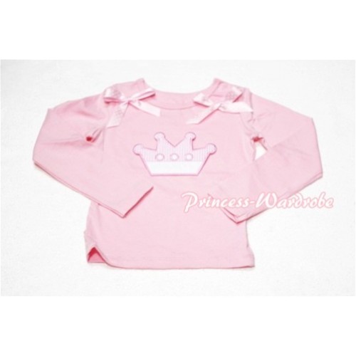 Cute Pink Crown Pink Long Sleeves Top with Light Pink Dot Ribbon TW128 