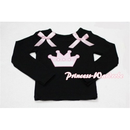 Cute Pink Crown Black Long Sleeves Top with Light Pink Ribbon TW135 