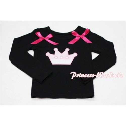 Cute Pink Crown Black Long Sleeves Top with Hot Pink Ribbon TW136 