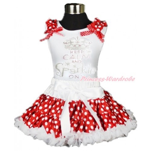 White Tank Top with Minnie Dots Ruffles & Minnie Dots Bow with Sparkle Crystal Bling Rhinestone Keep Calm And Sparkle On Print & White Minnie Dots Pettiskirt MG896 