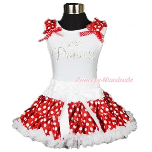 White Tank Top with Minnie Dots Ruffles & Minnie Dots Bow with Sparkle Crystal Bling Rhinestone Princess Print & White Minnie Dots Pettiskirt MG898 