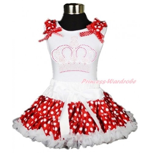 White Tank Top with Minnie Dots Ruffles & Minnie Dots Bow with Sparkle Crystal Bling Rhinestone Crown Print & White Minnie Dots Pettiskirt MG899 