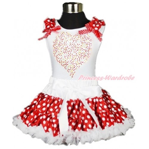 Valentine's Day White Tank Top with Minnie Dots Ruffles & Minnie Dots Bow with Sparkle Crystal Bling Rhinestone Rainbow Heart Print & White Minnie Dots Pettiskirt MG900 