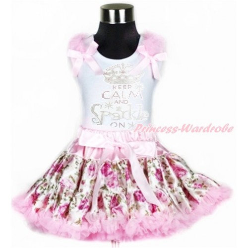 White Tank Top with Light Pink Ruffles & Light Pink Bow with Sparkle Crystal Bling Rhinestone Keep Calm And Sparkle On Print & Light Pink Rose Fusion Pettiskirt MG902 