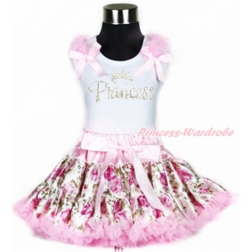 White Tank Top with Light Pink Ruffles & Light Pink Bow with Sparkle Crystal Bling Rhinestone Princess Print & Light Pink Rose Fusion Pettiskirt MG903 