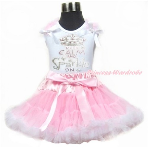 White Tank Top With Light Pink Ruffles & White Bows With Sparkle Crystal Bling Rhinestone Keep Calm And Sparkle On Print & Light Pink White Pettiskirt MG907 