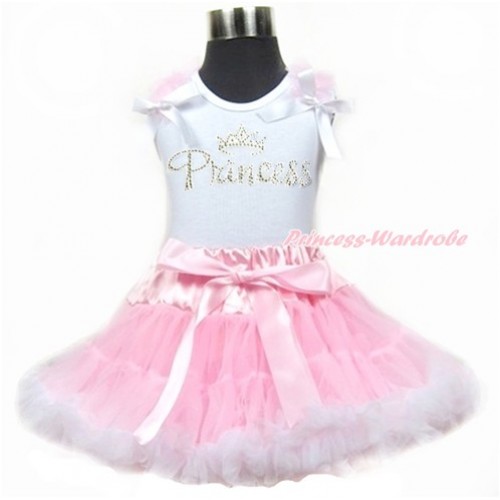 White Tank Top With Light Pink Ruffles & White Bows With Sparkle Crystal Bling Rhinestone Princess Print & Light Pink White Pettiskirt MG909 