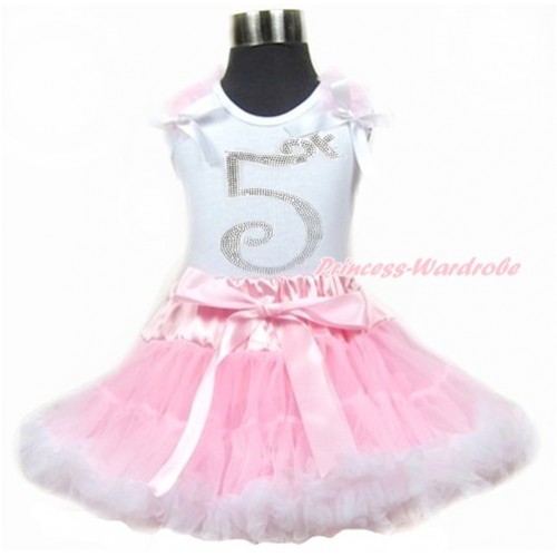 White Tank Top With Light Pink Ruffles & White Bows With 5th Sparkle Crystal Bling Rhinestone Birthday Number Print & Light Pink White Pettiskirt MG914 