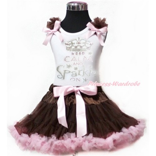 White Tank Top With Brown Ruffles & Light Pink Bows with Sparkle Crystal Bling Rhinestone Keep Calm And Sparkle On Print with Brown Light Pink Pettiskirt MG916 