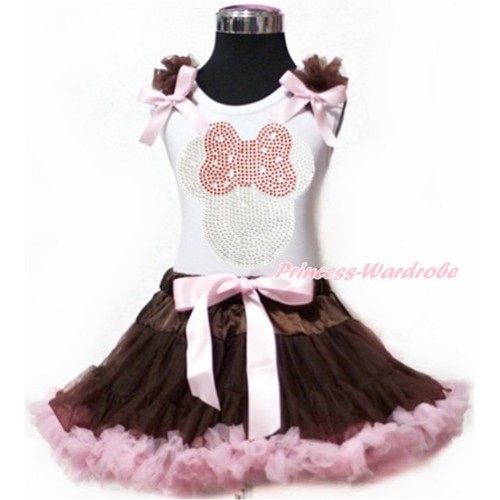 White Tank Top With Brown Ruffles & Light Pink Bows with Sparkle Crystal Bling Rhinestone Red Minnie Print with Brown Light Pink Pettiskirt MG918 