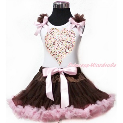 Valentine's Day White Tank Top With Brown Ruffles & Light Pink Bows with Sparkle Crystal Bling Rhinestone Rainbow Heart Print with Brown Light Pink Pettiskirt MG919 