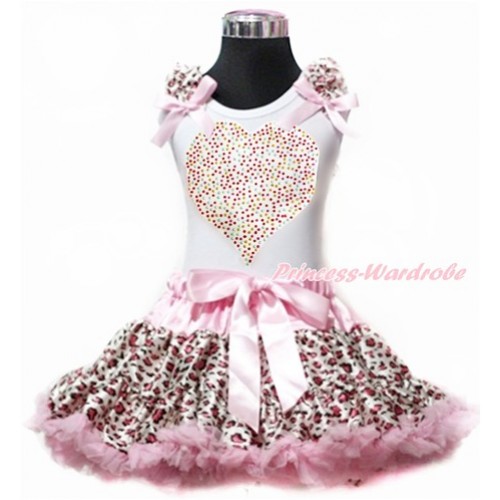 Valentine's Day White Tank Top with Light Pink Leopard Ruffles & Light Pink Bows with Sparkle Crystal Bling Rhinestone Rainbow Heart Print With Light Pink Leopard Pettiskirt MG920 