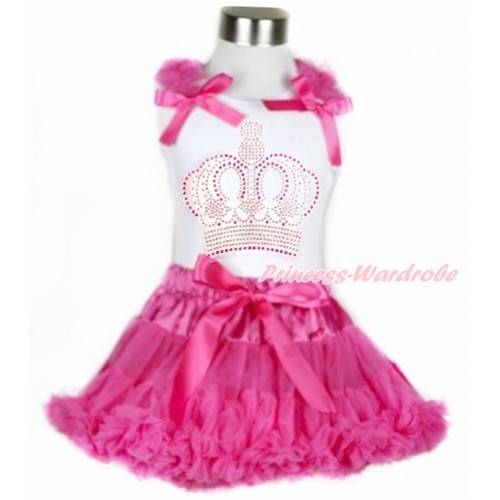 White Tank Top with Hot Pink Ruffles & Hot Pink Bow with Sparkle Crystal Bling Rhinestone Crown Print & Hot Pink Pettiskirt MG933 