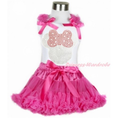 White Tank Top with Hot Pink Ruffles & Hot Pink Bow with Sparkle Crystal Bling Rhinestone Red Minnie Print & Hot Pink Pettiskirt MG935 