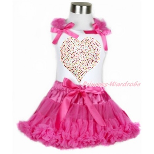 Valentine's Day White Tank Top with Hot Pink Ruffles & Hot Pink Bow with Sparkle Crystal Bling Rhinestone Rainbow Heart Print & Hot Pink Pettiskirt MG936 