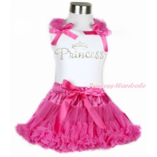 White Tank Top with Hot Pink Ruffles & Hot Pink Bow with Sparkle Crystal Bling Rhinestone Princess Print & Hot Pink Pettiskirt MG937 