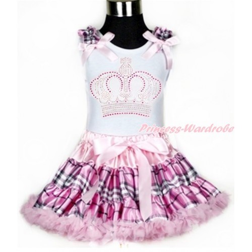 White Tank Top with Light Pink Check Ruffles & Light Pink Bows with Sparkle Crystal Bling Rhinestone Crown Print With Light Pink Check Pettiskirt MG945 