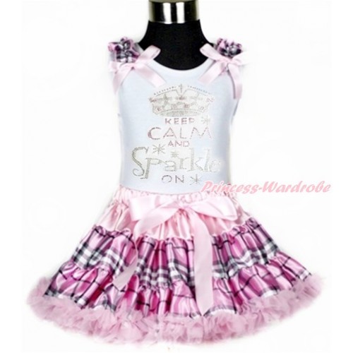 White Tank Top with Light Pink Check Ruffles & Light Pink Bows with Sparkle Crystal Bling Rhinestone Keep Calm And Sparkle On Print With Light Pink Check Pettiskirt MG946 