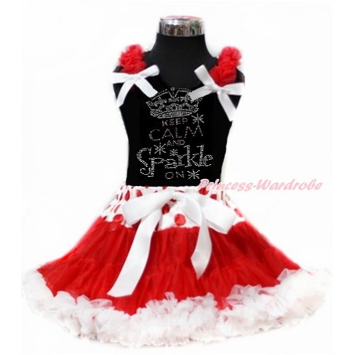 Black Tank Top with Red Ruffles & White Bow with Sparkle Crystal Bling Rhinestone Keep Calm And Sparkle On Print & Red White Dots Waist Red White Pettiskirt MG947 