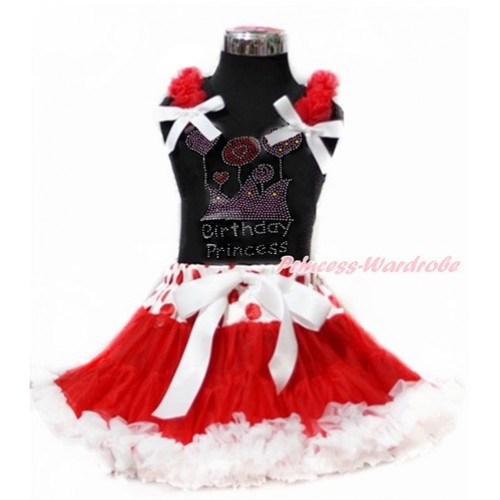 Black Tank Top with Red Ruffles & White Bow with Sparkle Crystal Bling Rhinestone Birthday Princess Print & Red White Dots Waist Red White Pettiskirt MG948 