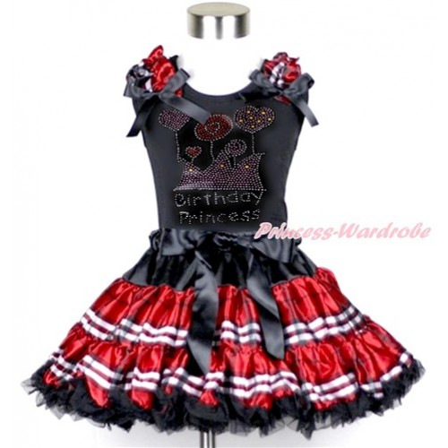 Black Tank Top with Red Black Checked Ruffles & Black Bow with Sparkle Crystal Bling Rhinestone Birthday Princess Print & Red Black Checked Pettiskirt MG951 