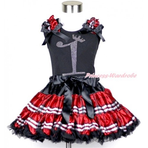 Black Tank Top with Red Black Checked Ruffles & Black Bow with 1st Sparkle Crystal Bling Rhinestone Birthday Number Print & Red Black Checked Pettiskirt MG953 