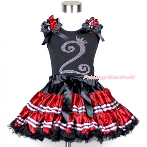 Black Tank Top with Red Black Checked Ruffles & Black Bow with 2nd Sparkle Crystal Bling Rhinestone Birthday Number Print & Red Black Checked Pettiskirt MG954 