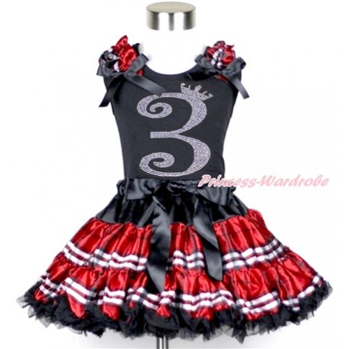 Black Tank Top with Red Black Checked Ruffles & Black Bow with 3rd Sparkle Crystal Bling Rhinestone Birthday Number Print & Red Black Checked Pettiskirt MG955 