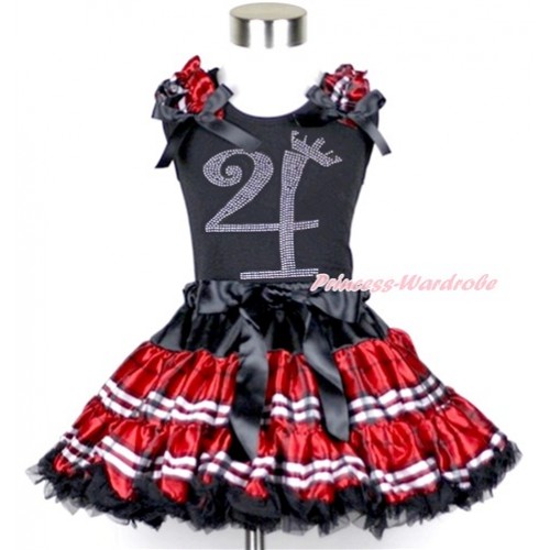 Black Tank Top with Red Black Checked Ruffles & Black Bow with 4th Sparkle Crystal Bling Rhinestone Birthday Number Print & Red Black Checked Pettiskirt MG956 