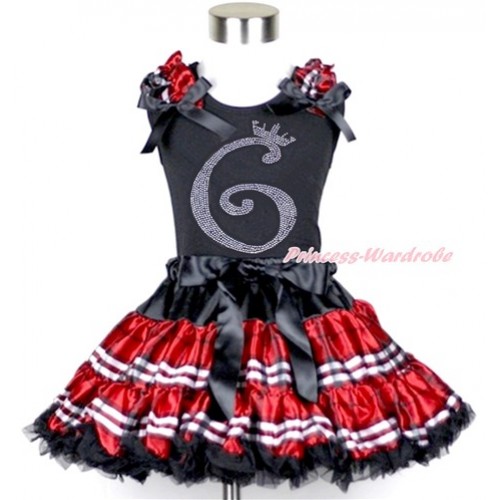 Black Tank Top with Red Black Checked Ruffles & Black Bow with 6th Sparkle Crystal Bling Rhinestone Birthday Number Print & Red Black Checked Pettiskirt MG958 