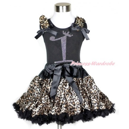 Black Tank Top with Leopard Ruffles & Black Bow with 1st Sparkle Crystal Bling Rhinestone Birthday Number Print With Black Leopard Pettiskirt MG959 