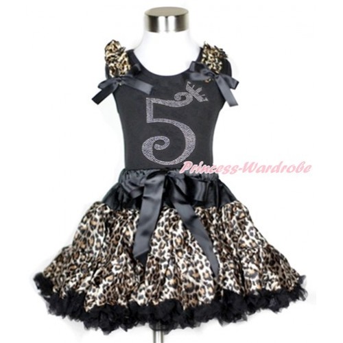 Black Tank Top with Leopard Ruffles & Black Bow with 5th Sparkle Crystal Bling Rhinestone Birthday Number Print With Black Leopard Pettiskirt MG963 